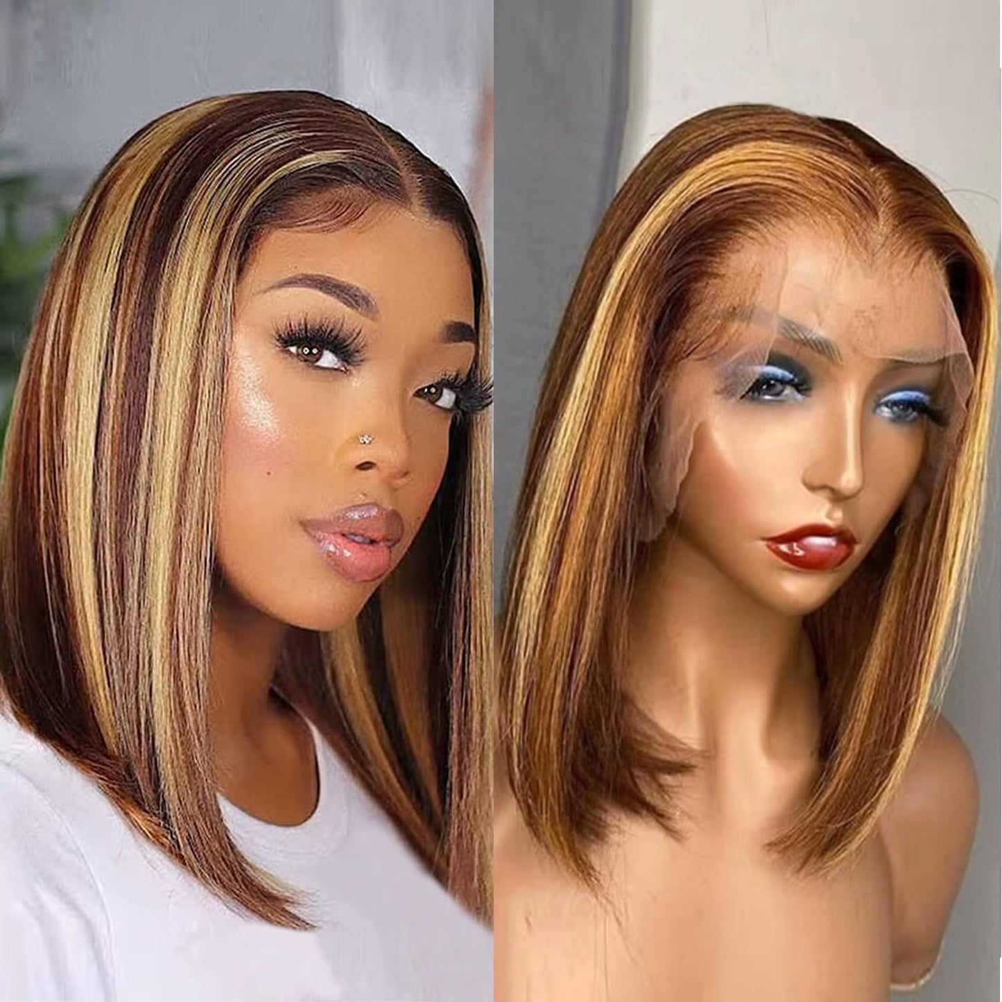 Ombré Honey Blonde Highlight 4/27 Straight Bob Human Hair Lace Front