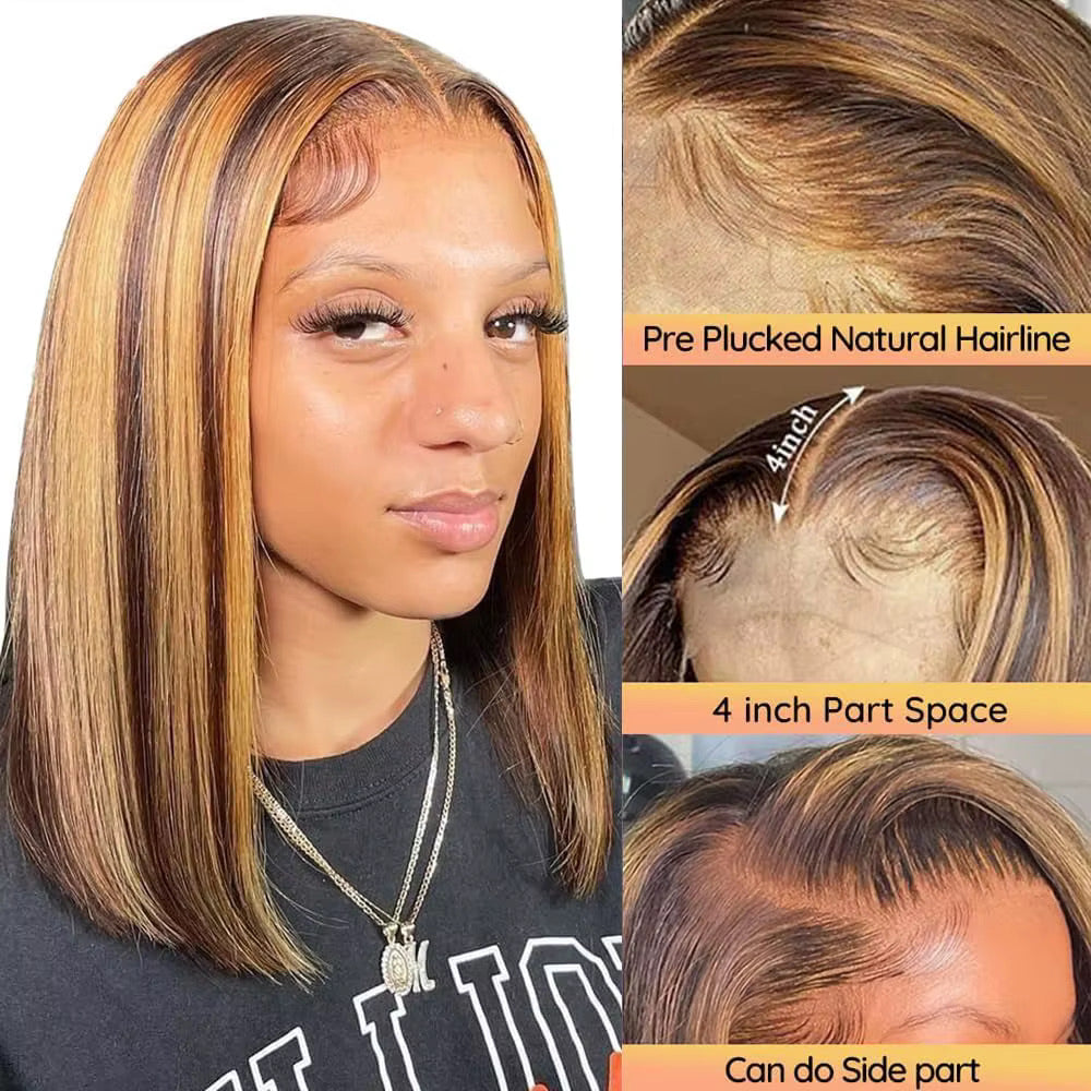 Ombré Honey Blonde Highlight 4/27 Straight Bob Human Hair Lace Front