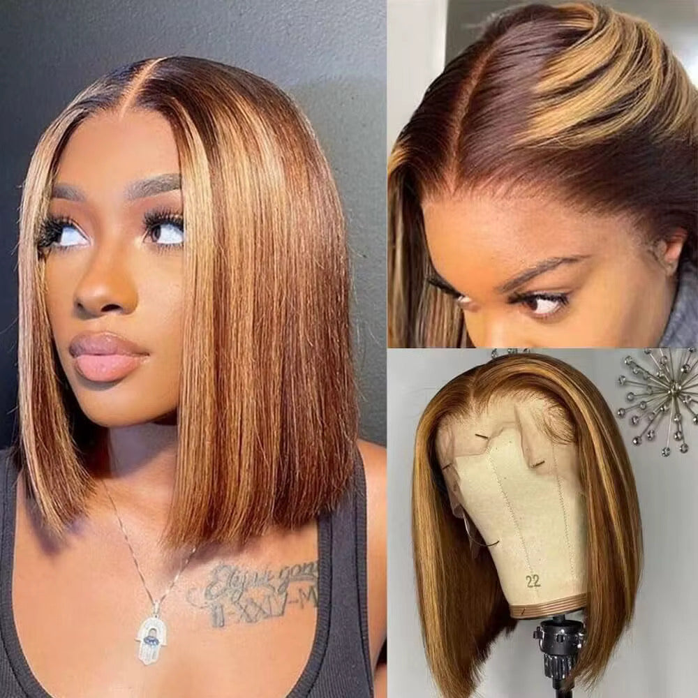 Ombré Honey Blonde Highlight 4/27 Straight Bob Human Hair Lace Front